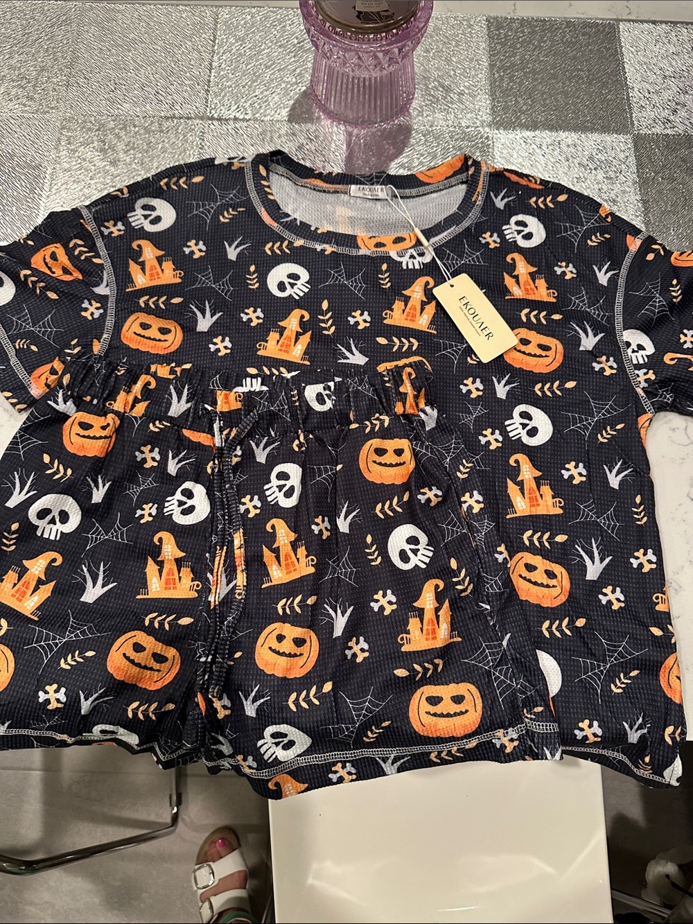 Halloween Pumpkin & Skull Pajama Set - Black and Orange